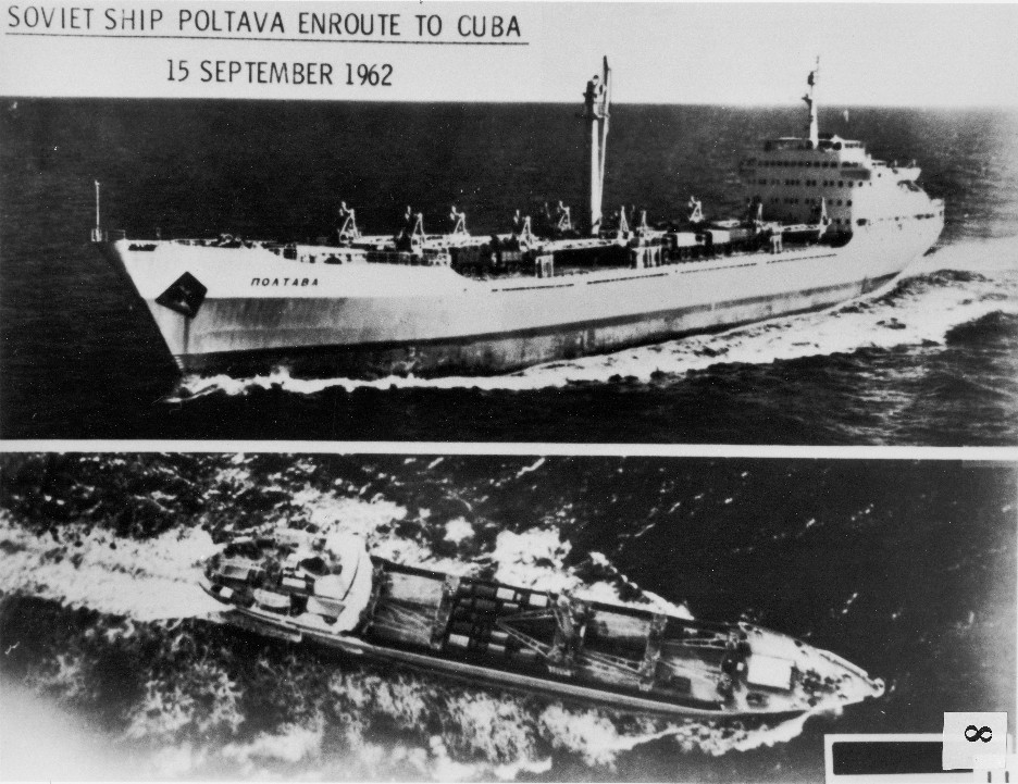 US Navy surveillance photographs of the Soviet cargo ship Poltava en route to Cuba, 15 September 1962 — top image shows the ship from the side with 'ПОЛТАВА' visible on the hull, bottom image shows an aerial view of the same ship with large crates on deck