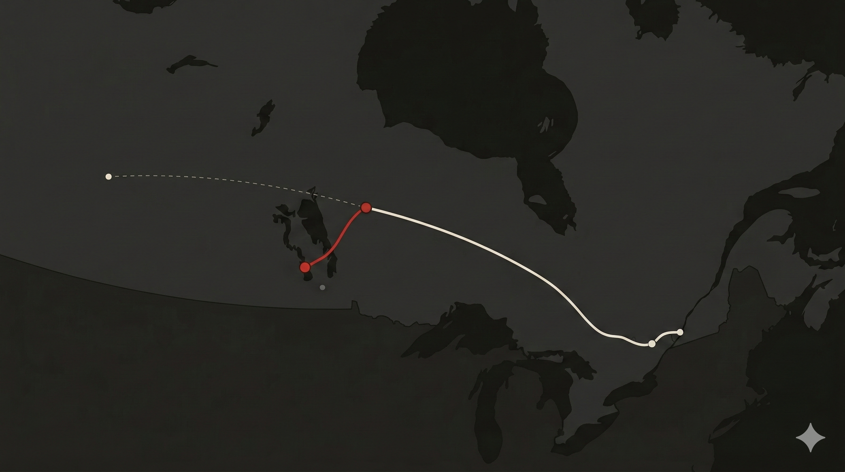 Flight path map of Air Canada Flight 143, showing the route from Montreal through Ottawa to Red Lake where engines failed, then the emergency diversion south to Gimli, Manitoba.
