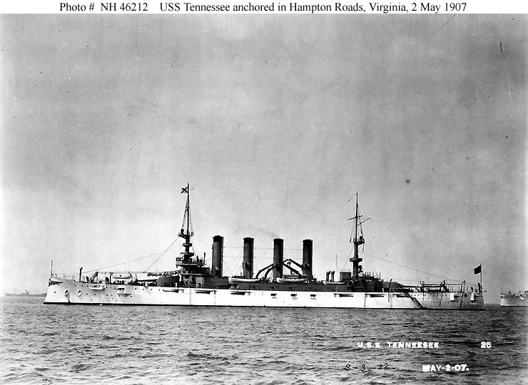 USS Tennessee (later Memphis) at anchor in Hampton Roads, Virginia, 2 May 1907