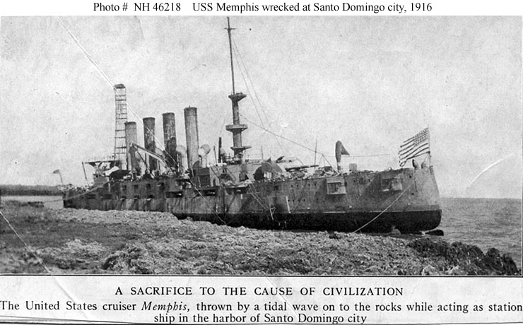 USS Memphis wrecked on the rocks at Santo Domingo, 1916