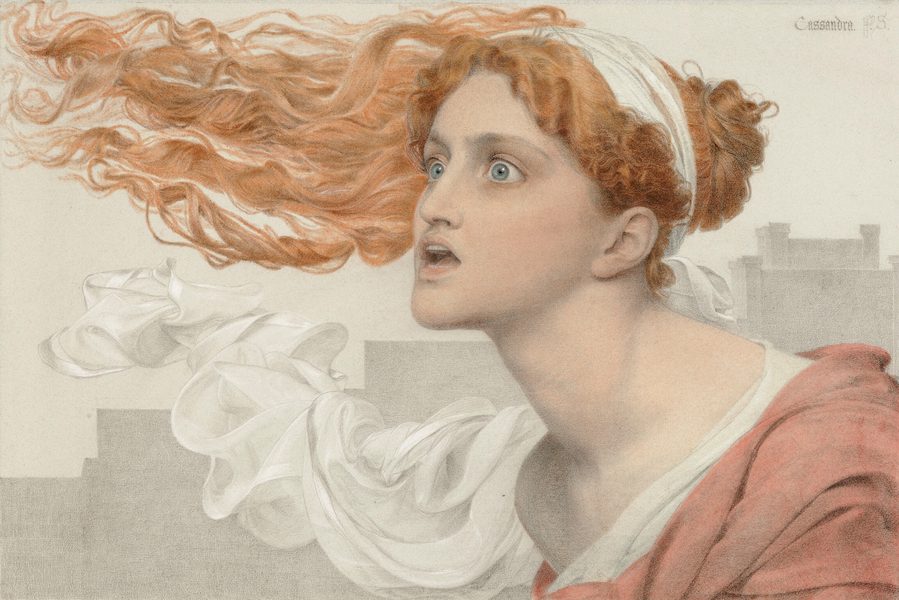 Cassandra by Frederick Sandys, c.1863 — an intimate portrait of a wild-eyed woman with wind-blown hair